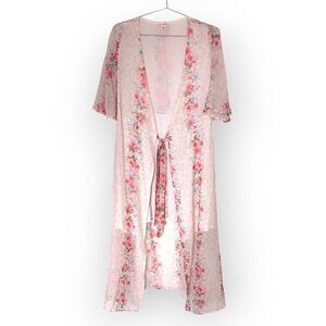 En Creme Pink Floral Duster‎ Cardigan Tie Front Boho Kimono Robe Womens Small